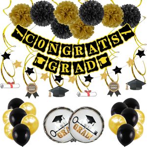 Party Supplies Graduation Balloon Pull Flag Aluminium Film Latex kombination med runda papper blomma boll ballonger set