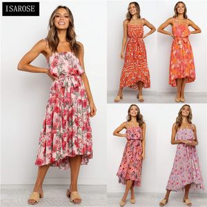 Isarose Summer Beach Sukienka Nieregularne Kolano Długość Floral Print Empire Bez Ramiączek Party Dresses Bez Rękawów Stretch Kobiety Moda 210422