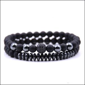 Beaded, Strands Bracelets Jewelry2-Pack Mens Couple Bracelet - Black Matte Agate Set Including Bag Christmas Birthday Gift Drop Delivery 202