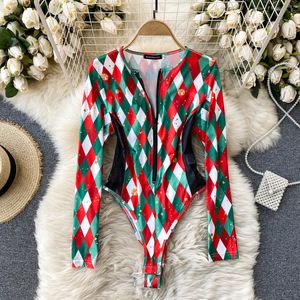 Singreiny Women Diamond Plaid Bodysuit Koreanska Mode Zipper O Neck Långärmad Slim Rompers Höst Sexig Bodycon Jumpsuits 210419