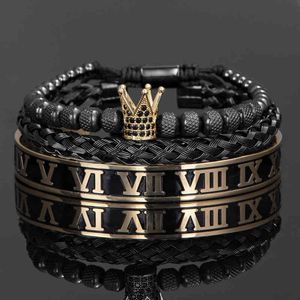 Crown Handmade Men Enamel Roman Numeral Bangles Hemp Rope Buckle Open Stainless Steel Micro Pave CZ Luxury Jewelry