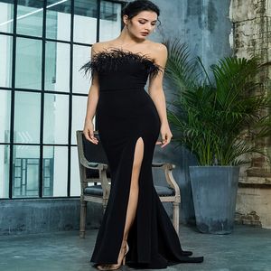 Chic Black Strapless Aftonklänning med fjäder Sexig Hög Slit Dance Prom Formell Party Klänningar 2021 Eleganta Kvinnor Vestidos Noite Robes de Soirée
