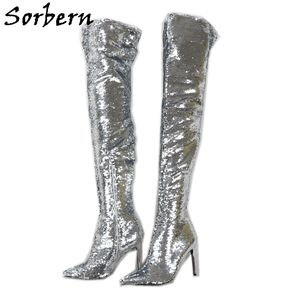 Sorbern Silver Blingbling Boots 무릎 위로 여성 뾰족한 발가락 하이힐 Stilettos Sequins Crossdresser 녀석 맞춤형