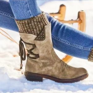 Ciepłe zamszowe buty 2021 Jesień Zima Vintage Płaskie Koronki Panie Buty Śniegu Buty Knitting Patchwork Kobiet Mid Calf Boots K78