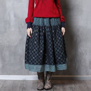 Johnature Jesień Moda Patchwork Plaid Retro Pół Spódnica Prosta Wypoczynek Wygodne Elastyczny Talia Kobiety Plisowana Spódnica 210521