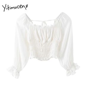 Yitimuceng White Blouse Women Bow Lace Up Folds Backless T Shirts Långärmad Fyrkantig Krage Solid Vår Sommar Fashion 210601