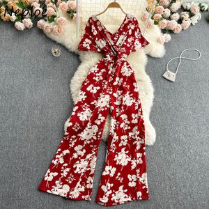 Neploe semestertryck Bohemian Jumpsuits Women High Waist Hip Wide Leg Bodysuits V Neck Kortärmad Pullover Robe Sommar 210423