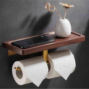 Bathroom Accessories Paper Holder Gold and Walnut Wood Towel Tissue Rack Toilet Phone 210720