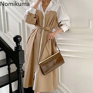 Nomikuma Elegancki pasek Slim Suknie Koreański Kontrast Kolor Kobieta Sukienka Z Długim Rękawem Collar Collar Vestidos Feminima 6G942 210427