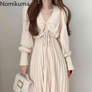 Nomikuma coreano cordão com decote em v vestido de manga longa alta cintura alta plissada um vestido de linha Causal elegante mulheres vestidos 6d799 210427