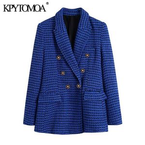 KPYTOMOA Women Fashion Tweed Double Breasted Blazer Coat Vintage Long Sleeve Flap Pockets Female Outerwear Chic Veste Femme 211006