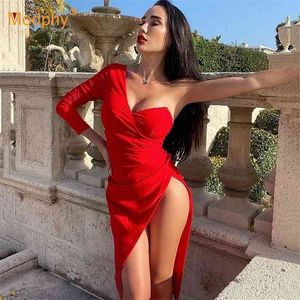 Vestido de mulheres vermelhas elegantes sexy um ombro magro alta festa de festa de noite vestidos feminino moda 210527