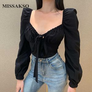 Missakso Mulheres Backless Colheita Top Black Lace Up Streetwear Longo Buff Manga Moda Senhoras V Neck Sexy Outono Camisa Branca 210625
