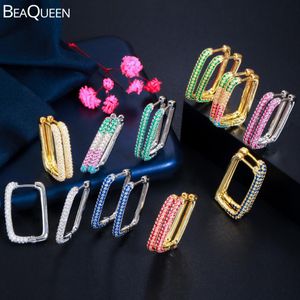 BeaQueen 2021 Designer Women Ear Rings Micro Pave Cubic Zirconia Crystal Pink Green Gold Hoop Earrings Huggies E426 & Huggie