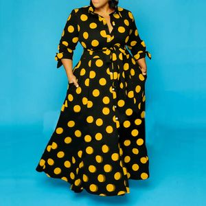 女性の黄色い水玉プリントドレスヴィンテージのレトロとサッシプラスサイズの女性アフリカのファッション女性のハイウエスト夏のローブ210416