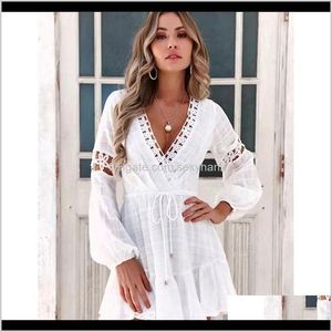 Dorywczo Damskie Odzież Odzież Drop Dostawa Knaoyeer White Deep V Neck Sexy Backless Mini Dresses Kobiety Bawełna Letnia Koronkowa Krótka Sukienka Boho L