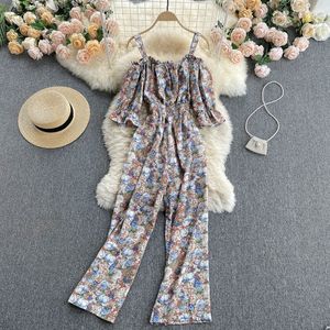 Singreiny Women Floral Rem Rompers Elastic Ruched Puff Sleeve Jumpsuits Sommar Boho Skriv ut Axel Beach Long Rompers 210419