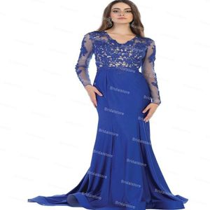 Chic Long Sleeve Royal Blue Wedding Guest Dress 2021 Elegant V Neck Satin LaceMermaid Mother Of The Bride Dresses Backless Robe Longue Women Evening Prom Wear Skirt