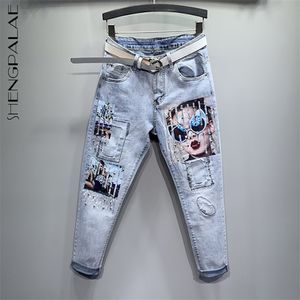 Gestickte Flares Jeans Damen Frühling Sommer Mittlere Taille Denim Elastische Harem Knöchellange Hosen ohne Gürtel 210427