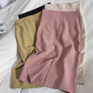 Koreaanse Vintage Midi voor Womens Zomer Effen Kleur Hoge Taille Bag Heup Elegant Back Split One-Step Skirt Office Lady 210417