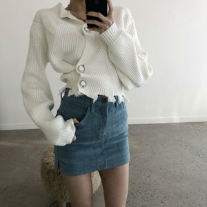 Distressed Button Up Cropped White Cardigans Women Winter Clothes Top Vintage Casual Short Grey Knitted Sweater Cardigan 210415