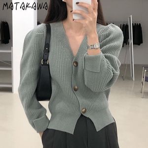 Matakawa Solid Färg Långärmad Stickad Cardigan Korea Chic V-Neck Kvinna Tröjor Tre Knappar Lossa Casual Sweater Kvinnor 210513
