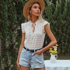 Vintage Polka Dot Yaz Bluz Gömlek Kadın Için Ruffled Kolsuz Beyaz Üst Plaj Boho Tarzı Kadın Gömlek S Mujer 210427