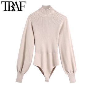 TRAF Women Fashion Backless Snap-button Knitted Bodysuits Vintage High Neck Lantern Sleeve Female Playsuits Chic Tops 210415