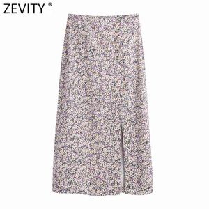 Zevity Kobiety Vintage Kwiatowy Drukuj Pojedynczy Prążkowany Split Fioletowy Spódnica Faldas Mujer Francuski Styl Kobiet Chic Party Vestidos Qun756 210621