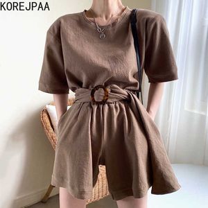 Korjpaa Kvinnor Sommar Koreanska All-Match Runda Nacke Loose Short-Sleeved T-shirt Högt midja Buckle Lace Casual Shorts Suit 210526