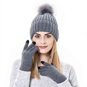 Winter Beanie Hat Warm Knitted Soft Ski Cuff Cap With Pom Knitted Beanie Hat Touch Screen Gloves Set Knit Cuffed Skull Cap Y21111