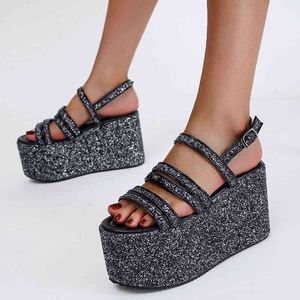 BONJOMARISA Trendy Female Brand Deisgn Bling Sequines Back Strap Open Toe Platform Wees Summer Sandals Women Leisure Shoes X0728