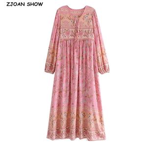 Bohemia Bandage Lacing up Collar Contrast Pink Flower Print Midi Dress BOHO Woman Long Sleeve Holiday Dresses Beach 210429