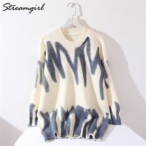 White Sweater Oversize Pullover Women Striped Print Female Winter Warm Knitted Tops 's Oversized For Fashion 210914