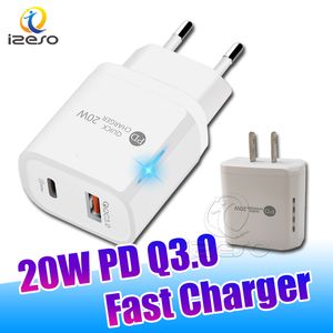 QC3.0 PD dual carregador de parede USB 20W USB-C Adaptador de carregamento rápido com luz LED para iPhone 13 Pro Max 12 izeso