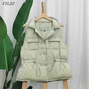 Winter Ultra Light Vest Short Jacket Double Breasted Coat Women 90% White Duck Down Parkas Warm Sash Tie Up Outwear 210430