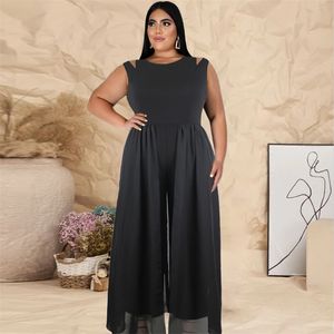 Jumpsuits Mulheres Plus Size Casual Escritório Senhora Sem Mangas Largura Perna Calças Alto Cintura Verão Moda Chiffon Macacões Drop 210527