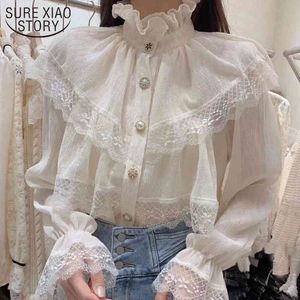 Primavera chique meio colar de manga comprida blusa mulheres lace costurando chiffon camisa ruffles botão ruched ladies tops 12947 210415