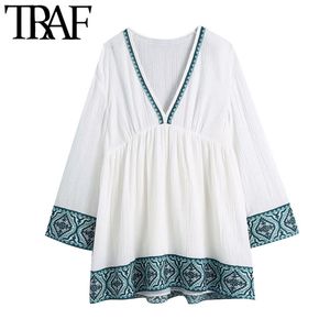 Traf女性シックなファッションパッチワーク刺繍ミニドレスビンテージVネック長袖女性ドレスvestidos Mujer 210415