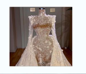 Evening dress women clothes Balqeesfathi Nawalelzoghbi Crystal Beads High-Neck Long sleeve Ball gown With trail Flower Appliques Beads Yousef aljasmi Myriam fares