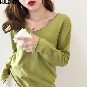 Autumn Bottoming Shirt Women Pullover Solid Color Loose V-neck Sweater Lazy All-match Knit and Outer Top 210514