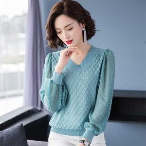 Elegant Stickning V-Neck Lantern Sleeve Hollow Out Toppar Kvinnor Mode Lös Sexig Sweater Ladies Chic Stor Storlek Casual Base 211018