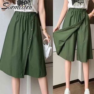 Mode sommar koreansk stil bomull brett ben kvinnor kort byxor hög elastisk knopp midja shorts kjolar kvinnlig 210719