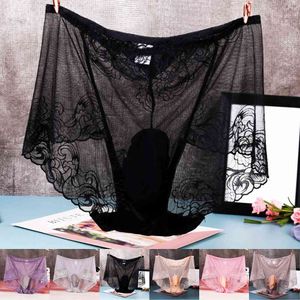 Men Lace See-through Underwear Sexy Sissy Bugle Pouch Briefs Thong Panties Hot Sexy Male Mini Briefs Low Waist Smooth Nylon 2021