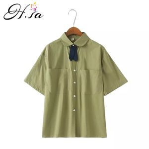 HSA Summer Women Shirt Short Sleeve Blus och tröjor Solid Färgfickor Casual White Tops Pure Cotton Bow Green Blusa 210417