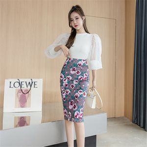 Verão Coreia Elegante Impresso Pacote Hip Skirt Escritório Senhora Cintura Alta Cintura Floral Saias Mulheres Moda Casual All Match Lápis Saia X0428