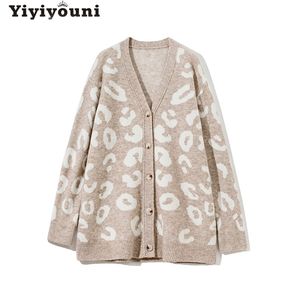 Yiyiyouni Autumn Winter Oversized Leopard Sweater Cardigan Women Casual V-neck Knitted Sweaters Single Breasted Jumper 210914