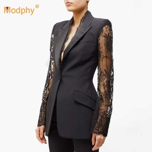 Autumn Fashion Lace Stitching See-Through Slim Jacket Lapel Long Sleeve Celebrity Party Club Women'S Black Coat 210527