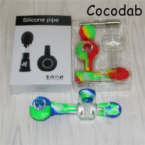 2pcs Multifuction Silicone Hand Pipe with 14mm Titanium nail Smoking Pipes Quartz Banger Nails Glass Bowl Dabber Tool