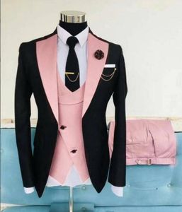 Herrenanzüge Blazers Maßgeschneiderte Männer Schwarze und rosa Bräutigam Smoking-Schal Revers-Bräutigamsmänner 3 Stück Set (Jacke + Hosen Weste Krawatte) D356